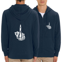 Sweat homme zippé à capuche coton bio bleu marine Fuck squelette (Gondrax,Têtes de morts)
