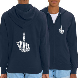 Sweat femme zippé à capuche coton bio bleu marine Fuck squelette (Gondrax,Têtes de morts)