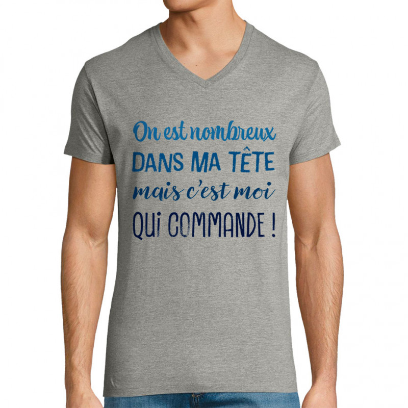 T-shirt homme col V gris chiné On est nombreux dans ma tête (Gondrax,Humour,Slogans Débiles)