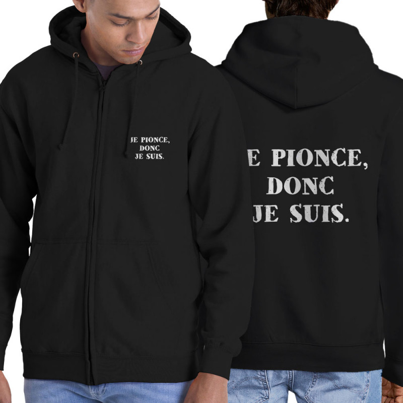Sweat homme à capuche zippé noir Je pionce donc je suis (Gondrax,Humour,Slogans Débiles)