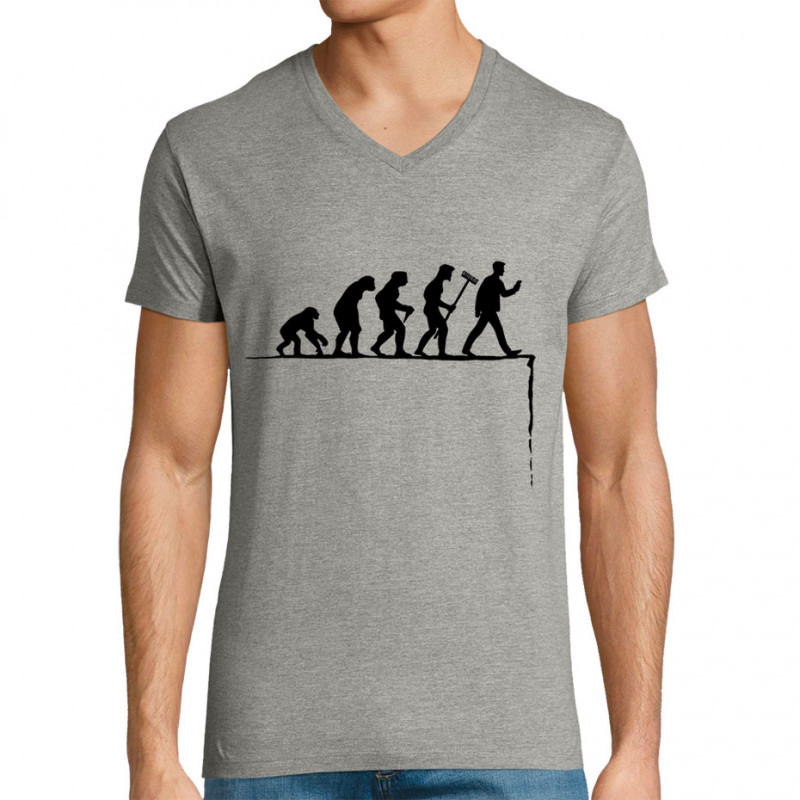 T-shirt homme col V gris chiné Evolution Smartphone (Gondrax,Humour,Evolution)