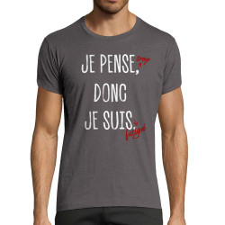 T-shirt homme fit gris foncé Je pense trop donc je suis fatigué (Gondrax,Slogans Débiles)