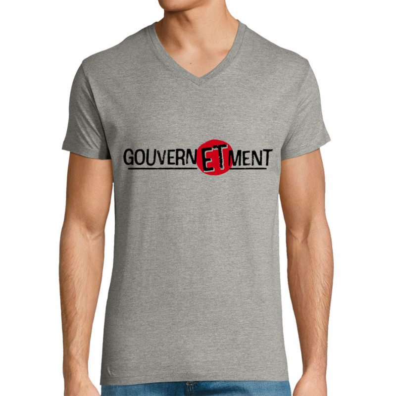 T-shirt homme col V gris chiné Gouverne Et Ment (Gondrax,Slogans engagés)