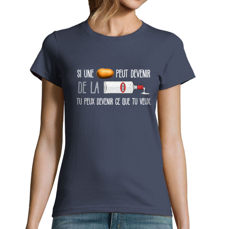 T-shirt femme bleu denim De la vodka (Zewa,Alcool,Humour)