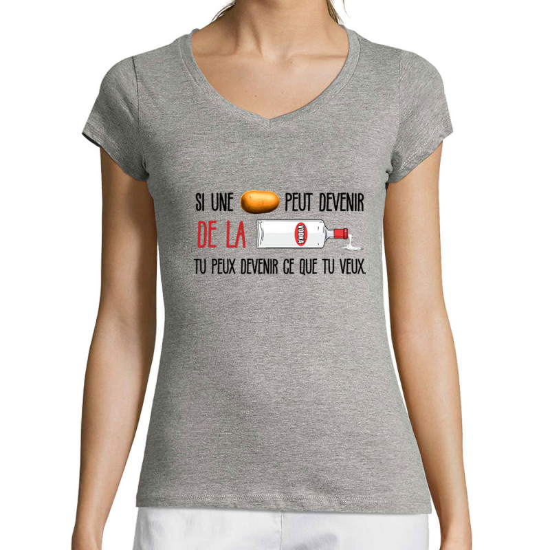 T-shirt femme col V gris chiné De la vodka (Zewa,Alcool,Humour)