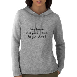 Sweat femme à capuche coton bio gris chiné Les patrons sont des relous (Gondrax,Slogans Débiles)