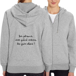 Sweat femme zippé à capuche coton bio gris chiné Les patrons sont des relous (Gondrax,Slogans Débiles)