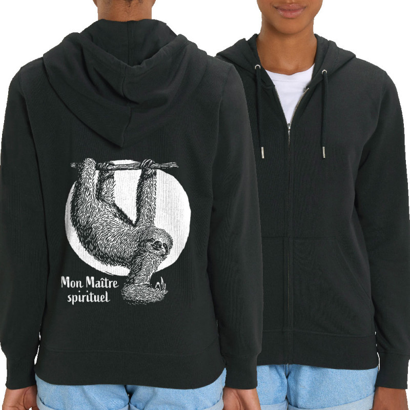Sweat femme zippé à capuche coton bio noir Mon Maître spirituel (Gondrax,Animaux)