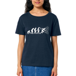 T-shirt femme col large coton bio bleu marine Evolution dans le mur (Gondrax,Evolution,Humour)