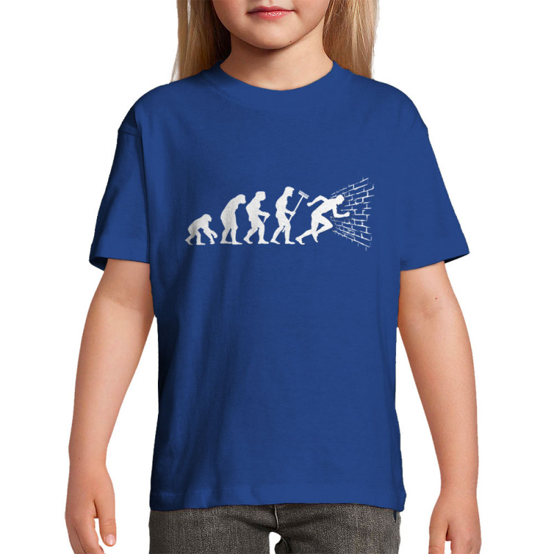 T-shirt enfant bleu royal Evolution dans le mur (Gondrax,Evolution,Humour)