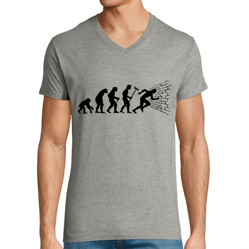 T-shirt homme col V gris chiné Evolution dans le mur (Gondrax,Evolution,Humour)