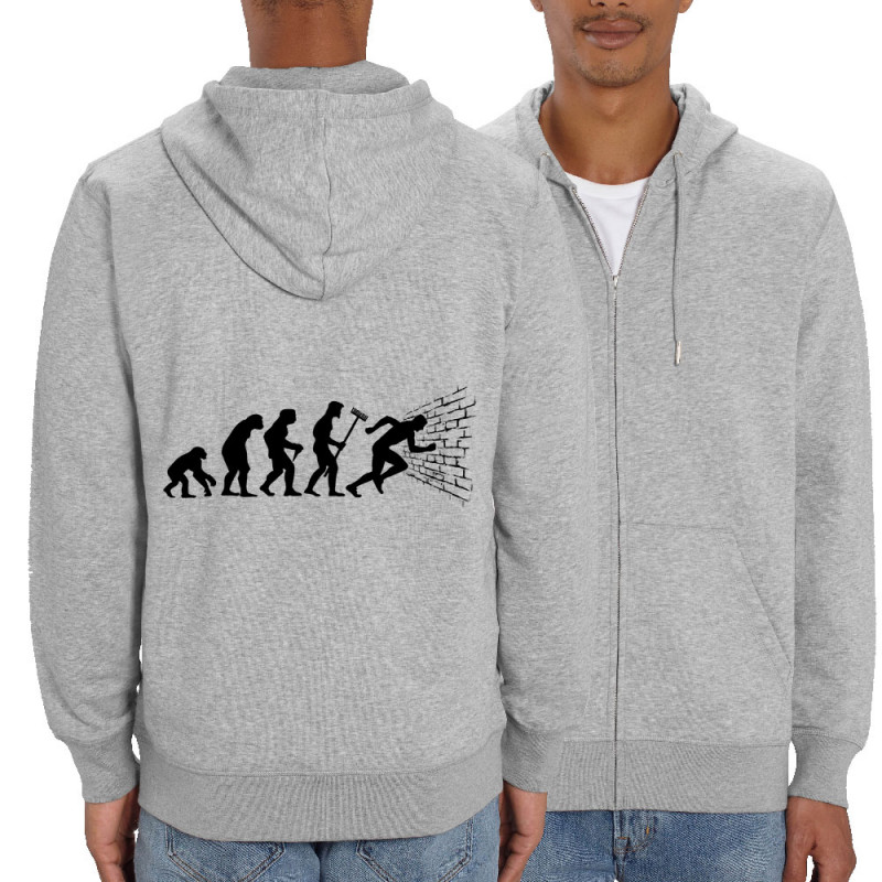 Sweat homme zippé à capuche coton bio gris chiné Evolution dans le mur (Gondrax,Evolution,Humour)