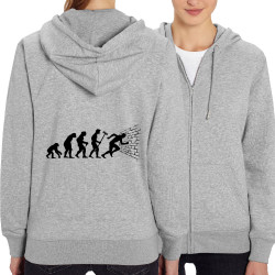 Sweat femme zippé à capuche coton bio gris chiné Evolution dans le mur (Gondrax,Evolution,Humour)