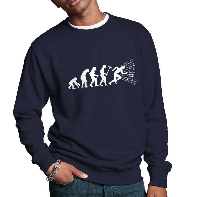 Sweat homme col rond bleu marine Evolution dans le mur (Gondrax,Evolution,Humour)