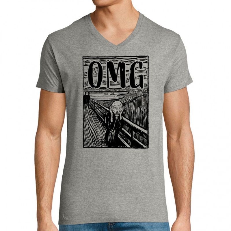 T-shirt homme col V gris chiné Oh My God (Gondrax,Humour,Musée)