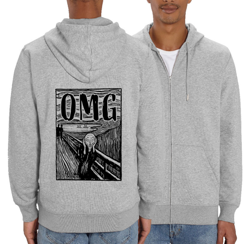 Sweat homme zippé à capuche coton bio gris chiné Oh My God (Gondrax,Humour,Musée)