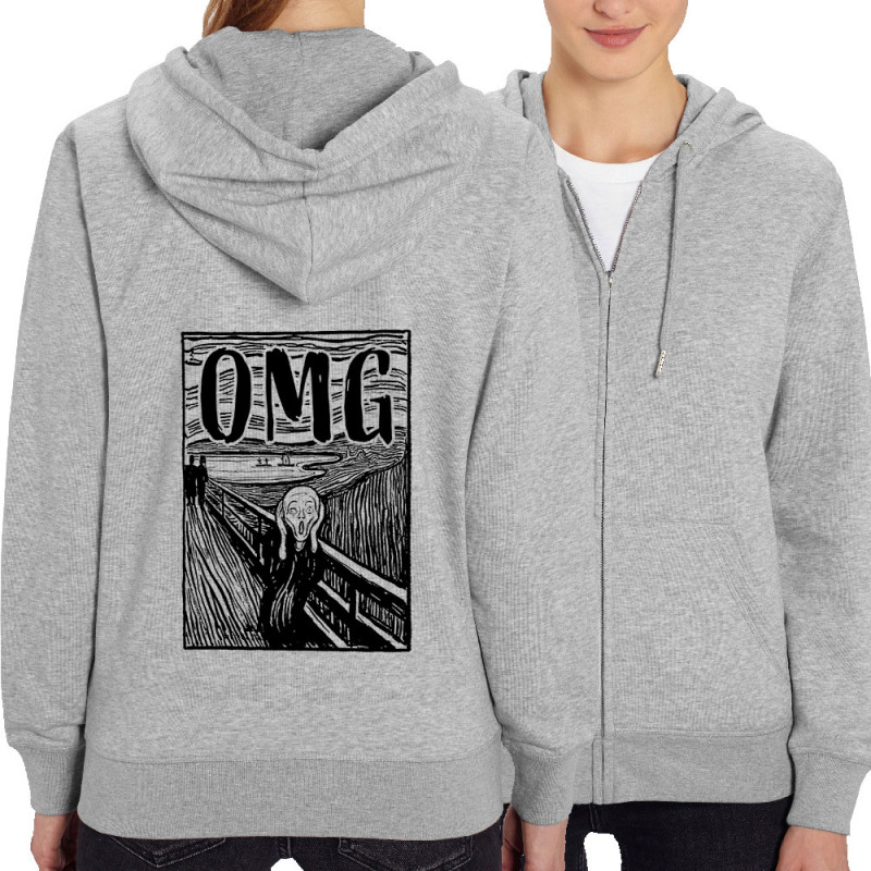 Sweat femme zippé à capuche coton bio gris chiné Oh My God (Gondrax,Humour,Musée)