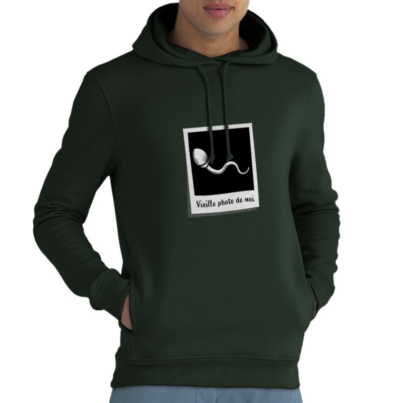 Sweat homme à capuche coton bio vert foncé Vieille photo de moi (Gondrax,Humour)