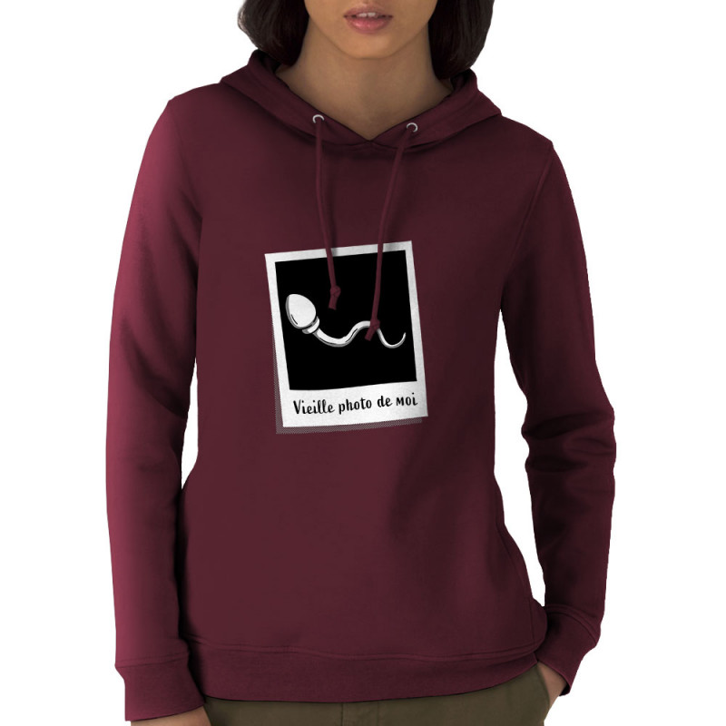Sweat femme à capuche coton bio bordeaux Vieille photo de moi (Gondrax,Humour)