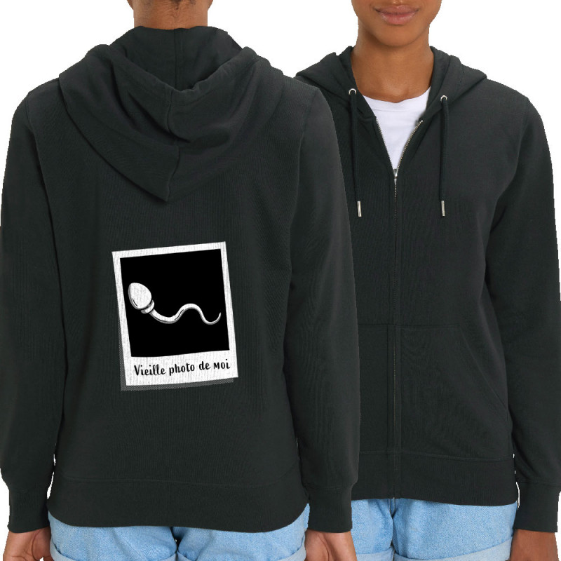 Sweat femme zippé à capuche coton bio noir Vieille photo de moi (Gondrax,Humour)