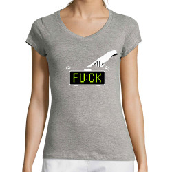 T-shirt femme col V gris chiné Reveil Fuck (Gondrax,Humour)
