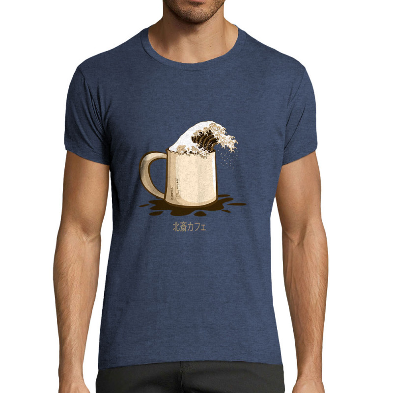 T-shirt homme fit bleu denim chiné Hokusaï coffee (Gondrax,Hokusaï,Musée,Fruits & Légumes)