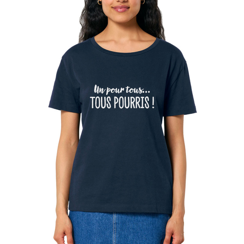 T-shirt femme col large coton bio bleu marine Un pour tous Tous pourris (Gondrax,Slogans Débiles)