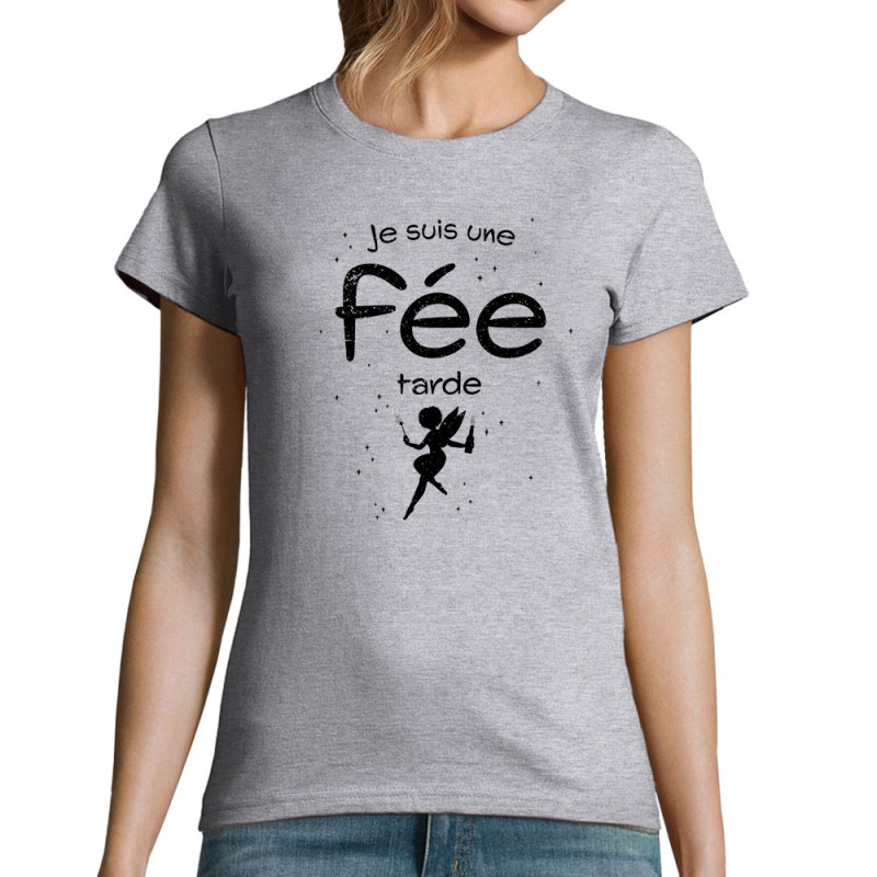 T-shirt femme gris chiné Je suis une fée tarde (Gondrax,Humour)