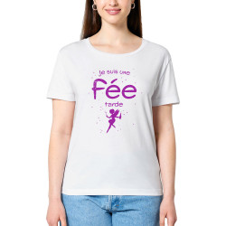 T-shirt femme col large coton bio blanc Je suis une fée tarde (Gondrax,Humour)