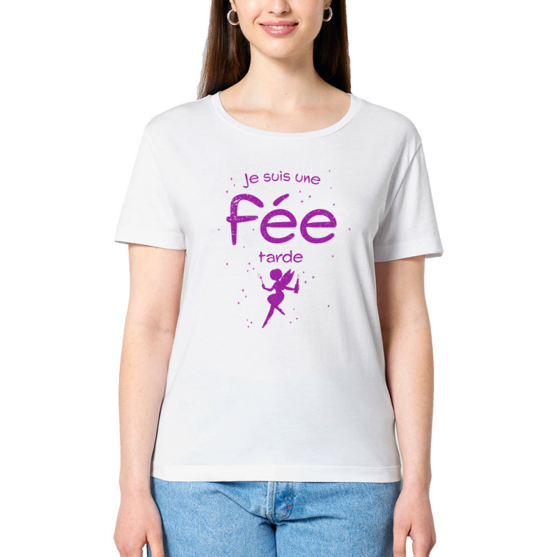 T-shirt femme col large coton bio blanc Je suis une fée tarde (Gondrax,Humour)