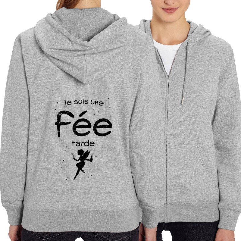 Sweat femme zippé à capuche coton bio gris chiné Je suis une fée tarde (Gondrax,Humour)