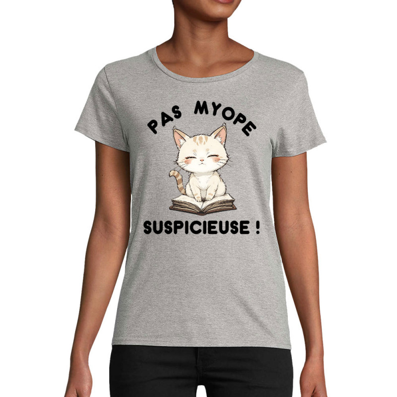 T-shirt femme coton bio gris chiné Pas myope suspicieuse (Oblik,Humour,Chats)