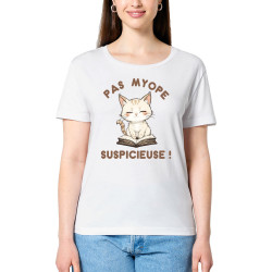 T-shirt femme col large coton bio blanc Pas myope suspicieuse (Oblik,Humour,Chats)