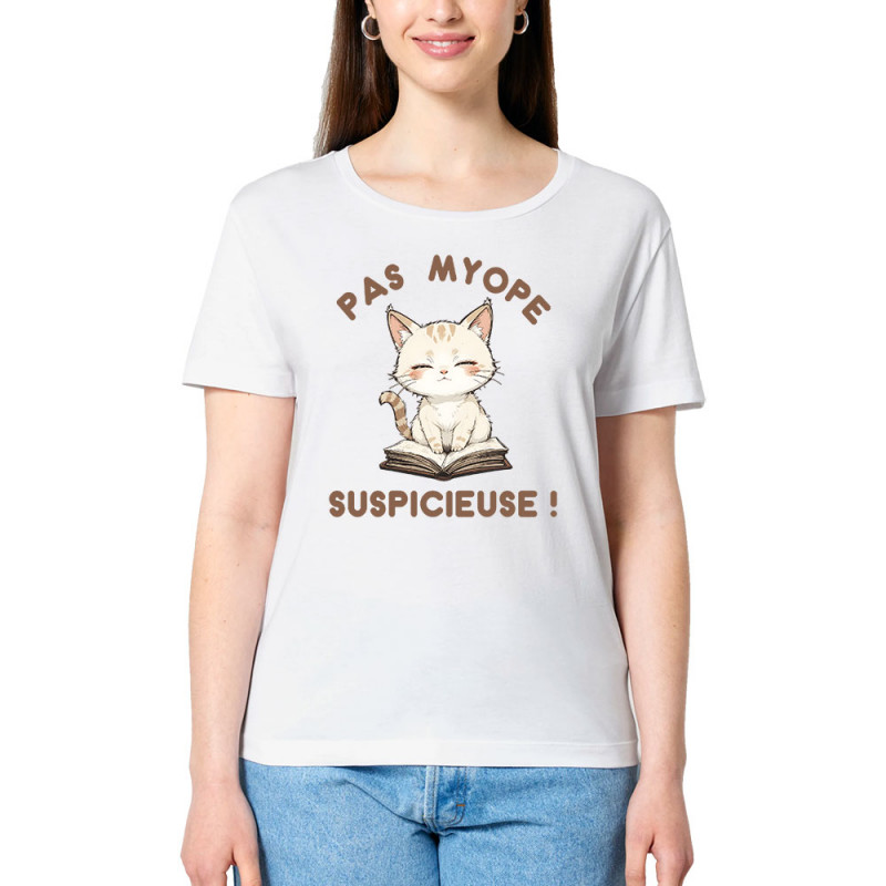 T-shirt femme col large coton bio blanc Pas myope suspicieuse (Oblik,Humour,Chats)