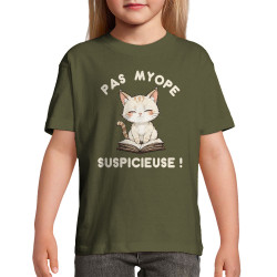 T-shirt enfant kaki foncé Pas myope suspicieuse (Oblik,Humour,Chats)