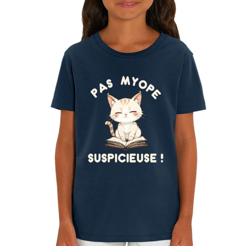 T-shirt enfant coton bio bleu marine Pas myope suspicieuse (Oblik,Humour,Chats)