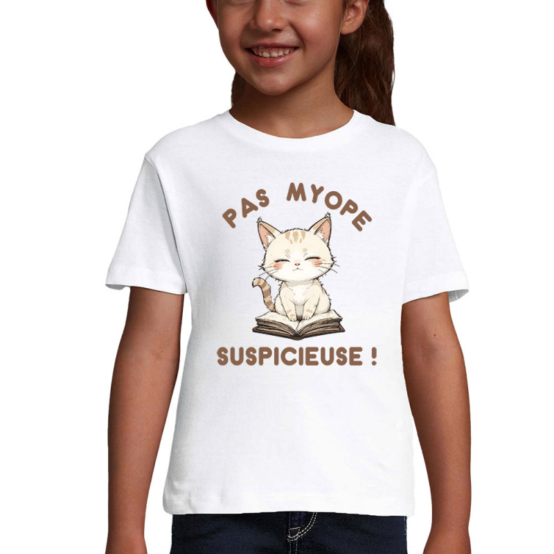 T-shirt fillette blanc Pas myope suspicieuse (Oblik,Humour,Chats)