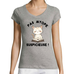 T-shirt femme col V gris chiné Pas myope suspicieuse (Oblik,Humour,Chats)