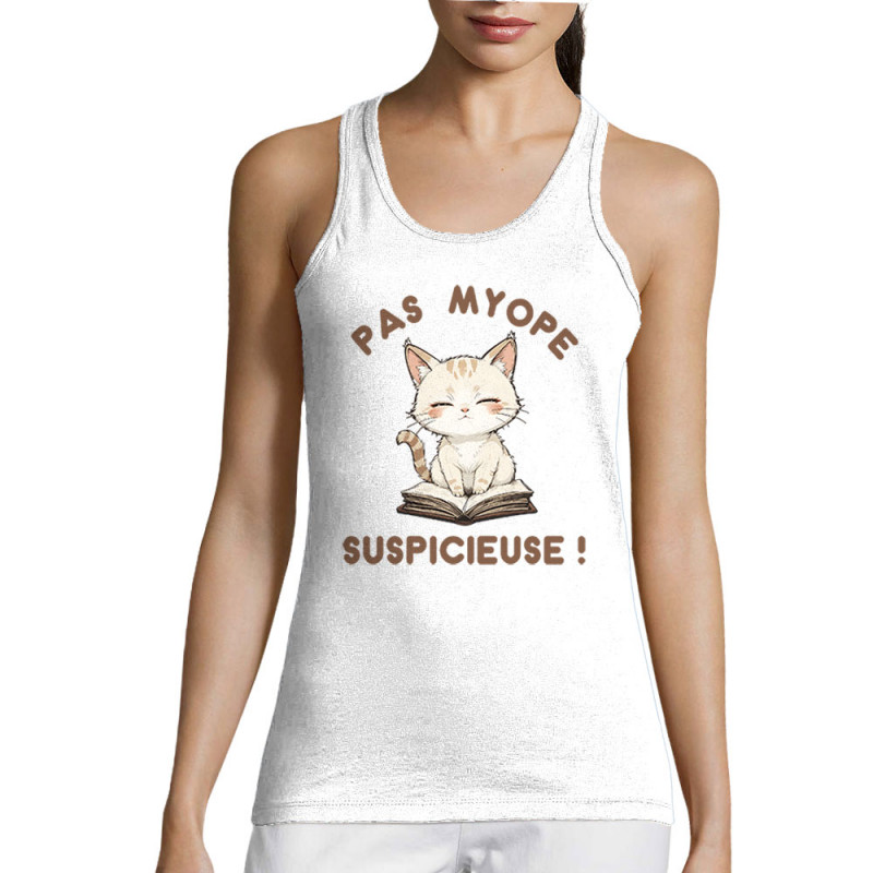 Débardeur femme blanc Pas myope suspicieuse (Oblik,Humour,Chats)