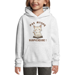 Sweat enfant à capuche blanc Pas myope suspicieuse (Oblik,Humour,Chats)