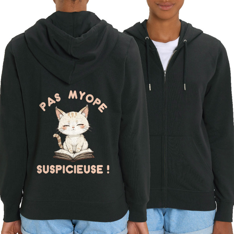 Sweat femme zippé à capuche coton bio noir Pas myope suspicieuse (Oblik,Humour,Chats)