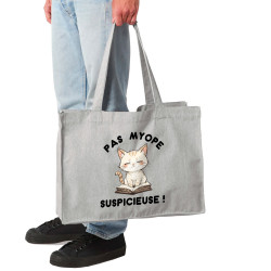 Grand sac shopping en toile recyclé gris chiné Pas myope suspicieuse (Oblik,Humour,Chats)