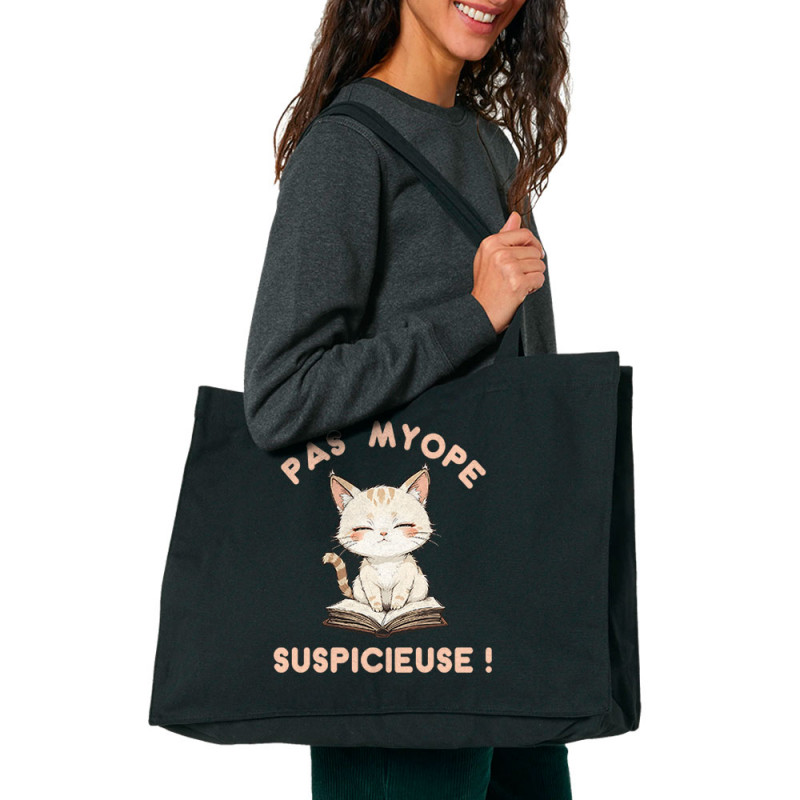 Grand sac shopping en toile recyclé noir Pas myope suspicieuse (Oblik,Humour,Chats)