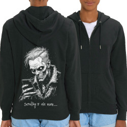 Sweat femme zippé à capuche coton bio noir Scrolling 5 min more (Oblik,Têtes de morts,Humour)