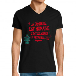 T-shirt homme col V noir La connerie est humaine (Baxt,Slogans Débiles)