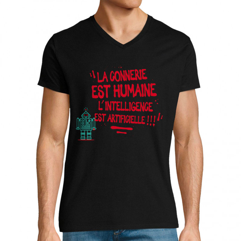 T-shirt homme col V noir La connerie est humaine (Baxt,Slogans Débiles)