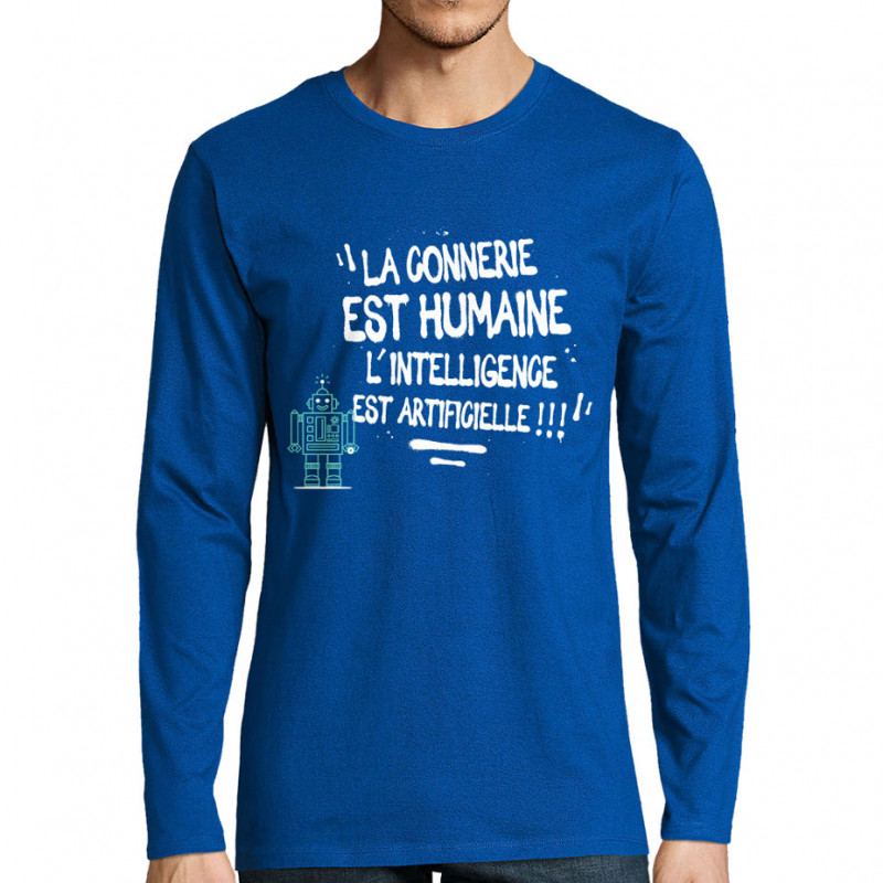 T-shirt homme manches longues bleu royal La connerie est humaine (Baxt,Slogans Débiles)