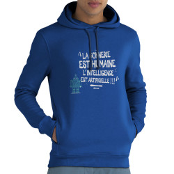 Sweat homme à capuche coton bio bleu royal La connerie est humaine (Baxt,Slogans Débiles)