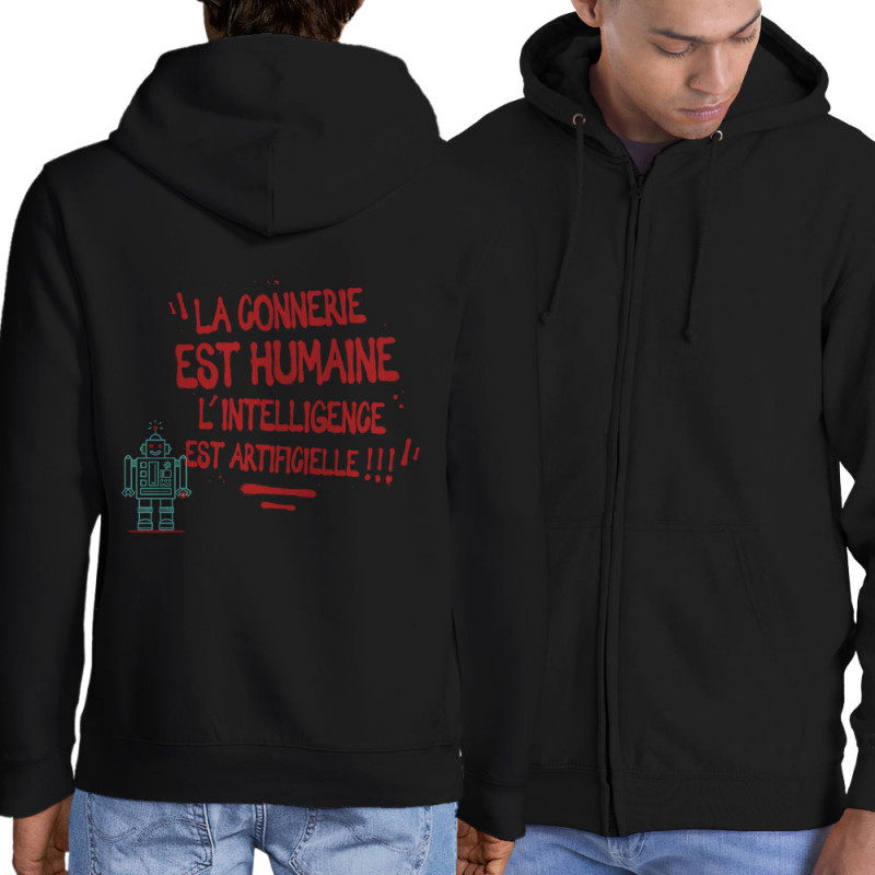 Sweat homme à capuche zippé noir La connerie est humaine (Baxt,Slogans Débiles)