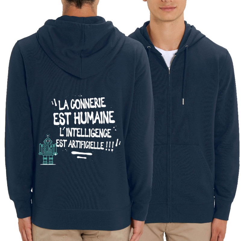 Sweat homme zippé à capuche coton bio bleu marine La connerie est humaine (Baxt,Slogans Débiles)